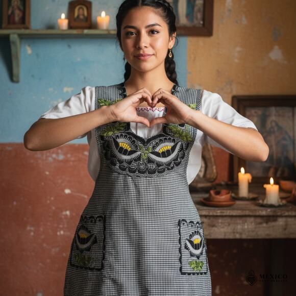 Black Mexican Embroidered Apron – Standard Kitchen Apron Floral Embroidery - Picture 1 of 4